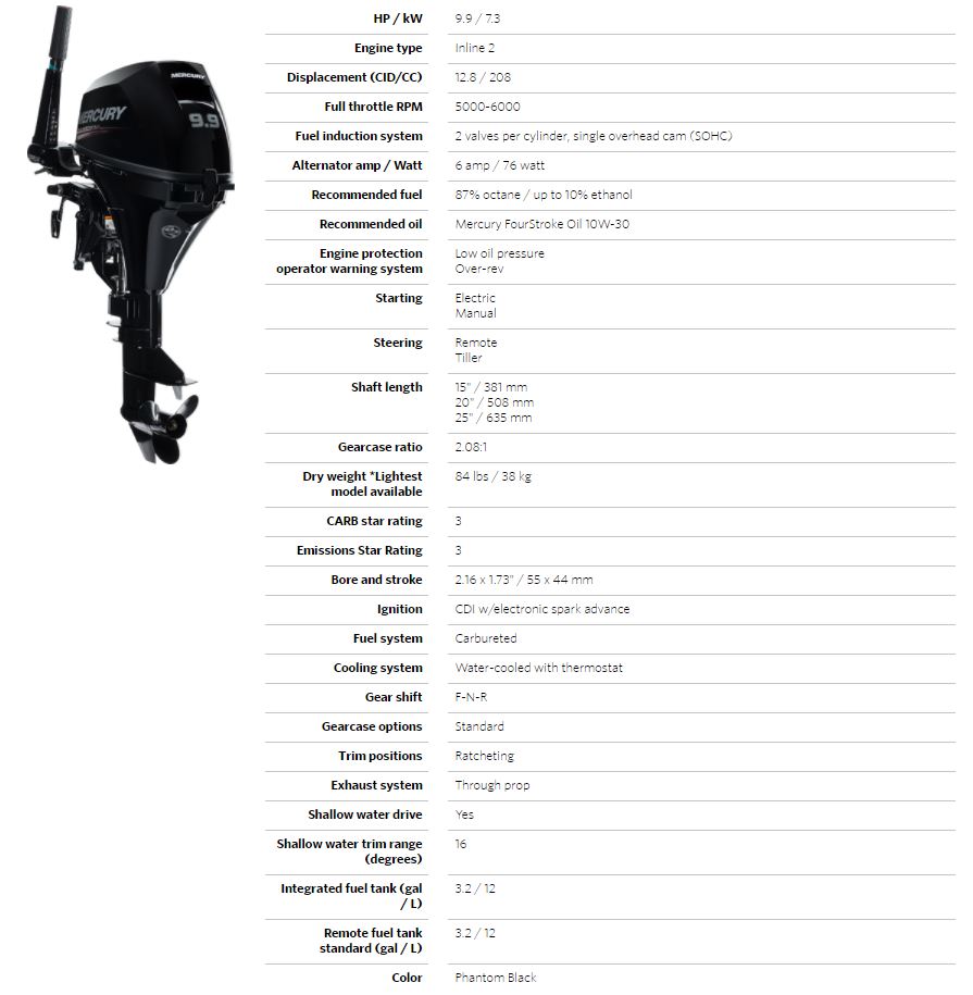 Mercury Outboard fourstroke 9.9hp perth wa Specifications