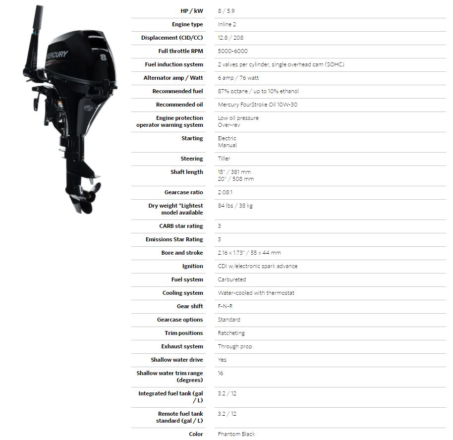 Mercury outboard 8hp Perth WA Tiller Steer TS Specifications