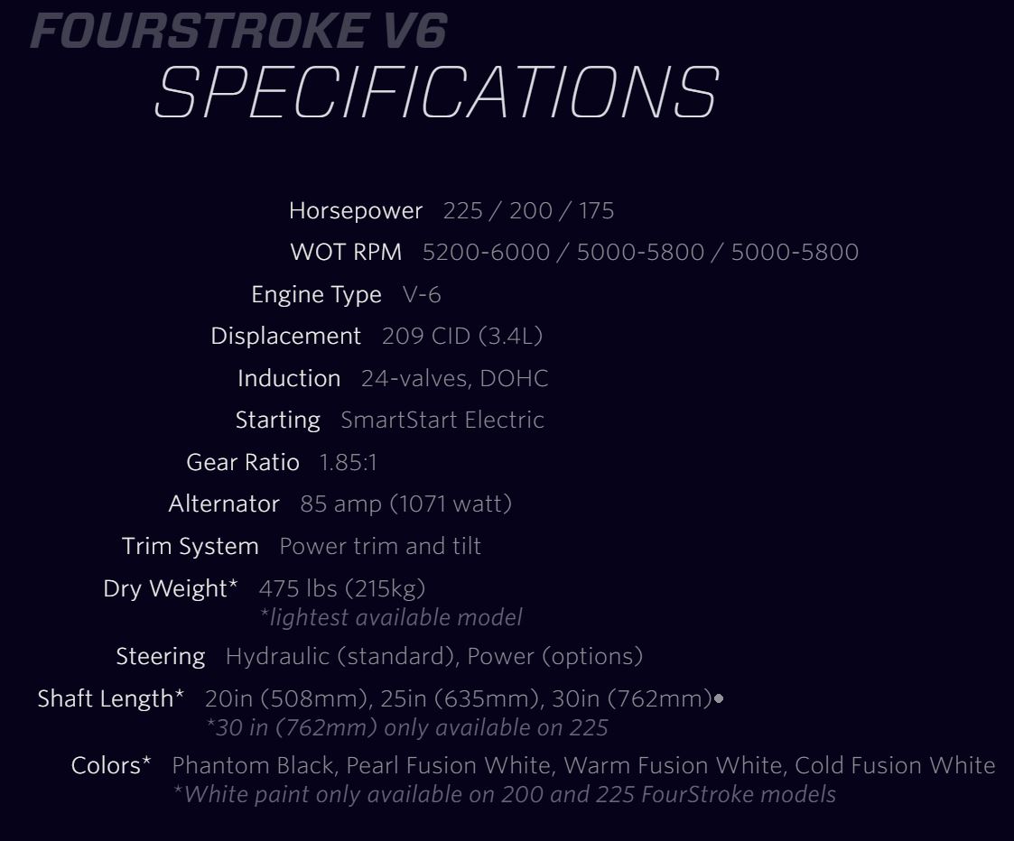 The New V6 Fourstroke by Mercury Marine Specifications