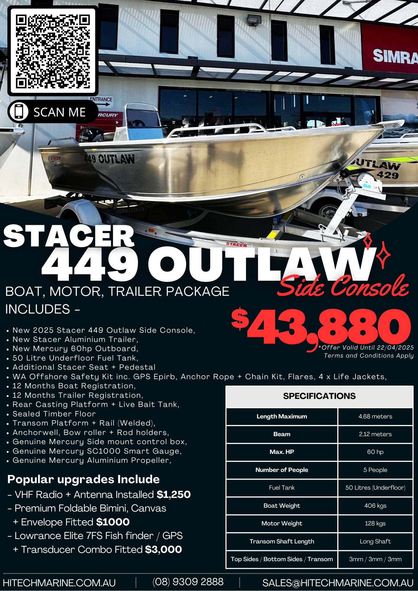 Stacer Aluminium 449 Outlaw Side Console + Mercury 60HP Fourstroke + Stacer Aluminium Trailer - Boat